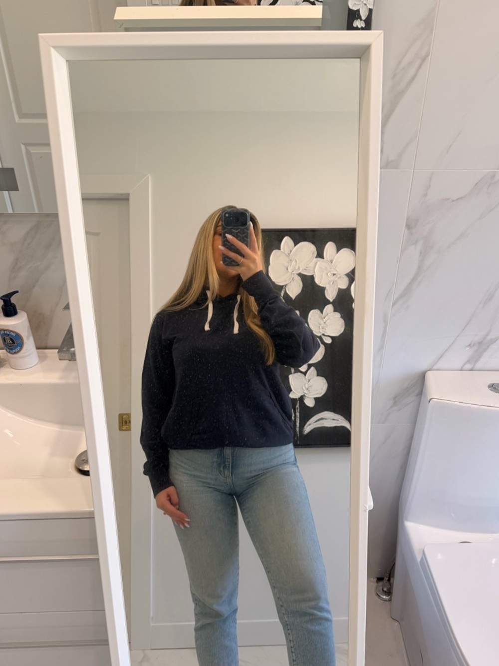 H&M Navy Blue Pullover Hoodie with Drawstrings